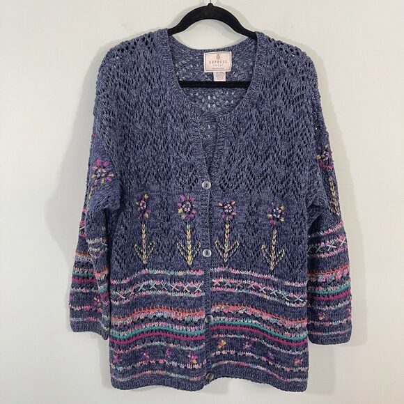 Vtg Express Tricot Navy Rainbow Flowers Oversized Whimsical Cardigan - Picture 1 of 7